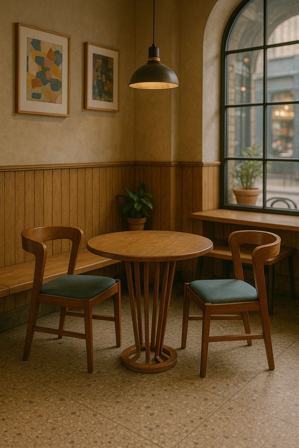 photo for sale Antique Indian Handcrafted Teakwood Dining Set | 1940s Round Table With Lamella Base & 2 Curved Upholstered Chairs