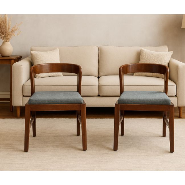 photo furniture Antique Handcrafted Indian Teak Wood Chairs 1940s | Dining Accent Chairs With Curved Back & Upholstered Seats
