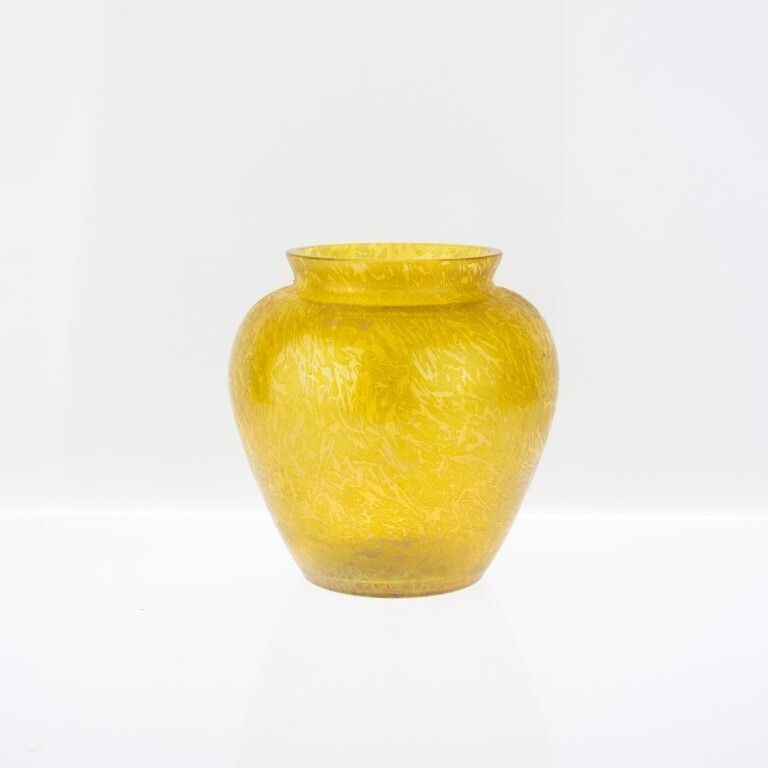 Mid Century Royal Brierley Iridescent Yellow British Studio Glass Vase photo for sale
