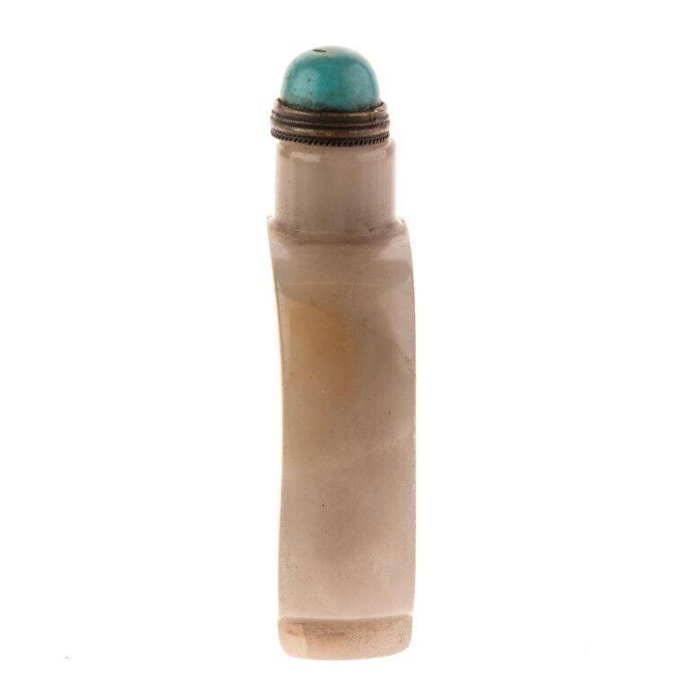 Chinese Qing Dynasty Carved Jade Snuff Bottle With Turquoise Top photo furniture