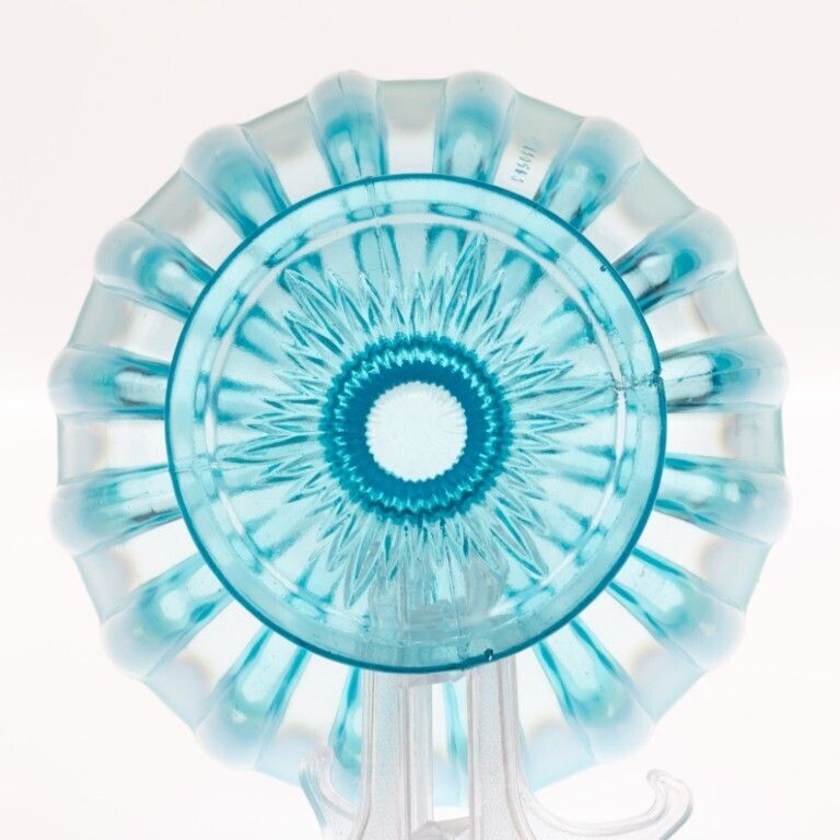 Antique Davidson Opalescent Victorian “Brideshead” Blue Pearline Pressed Glass Pedestal Bowl photo furniture