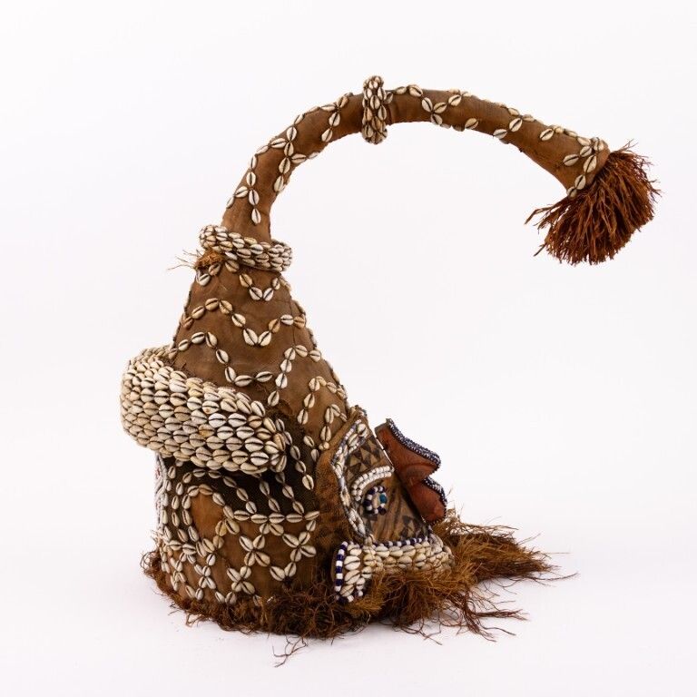 Mid 20th Century African Kuba Helmet Ceremonial Ritual Mask With Shells, Animal Fibres & Raffia photo Home Decor