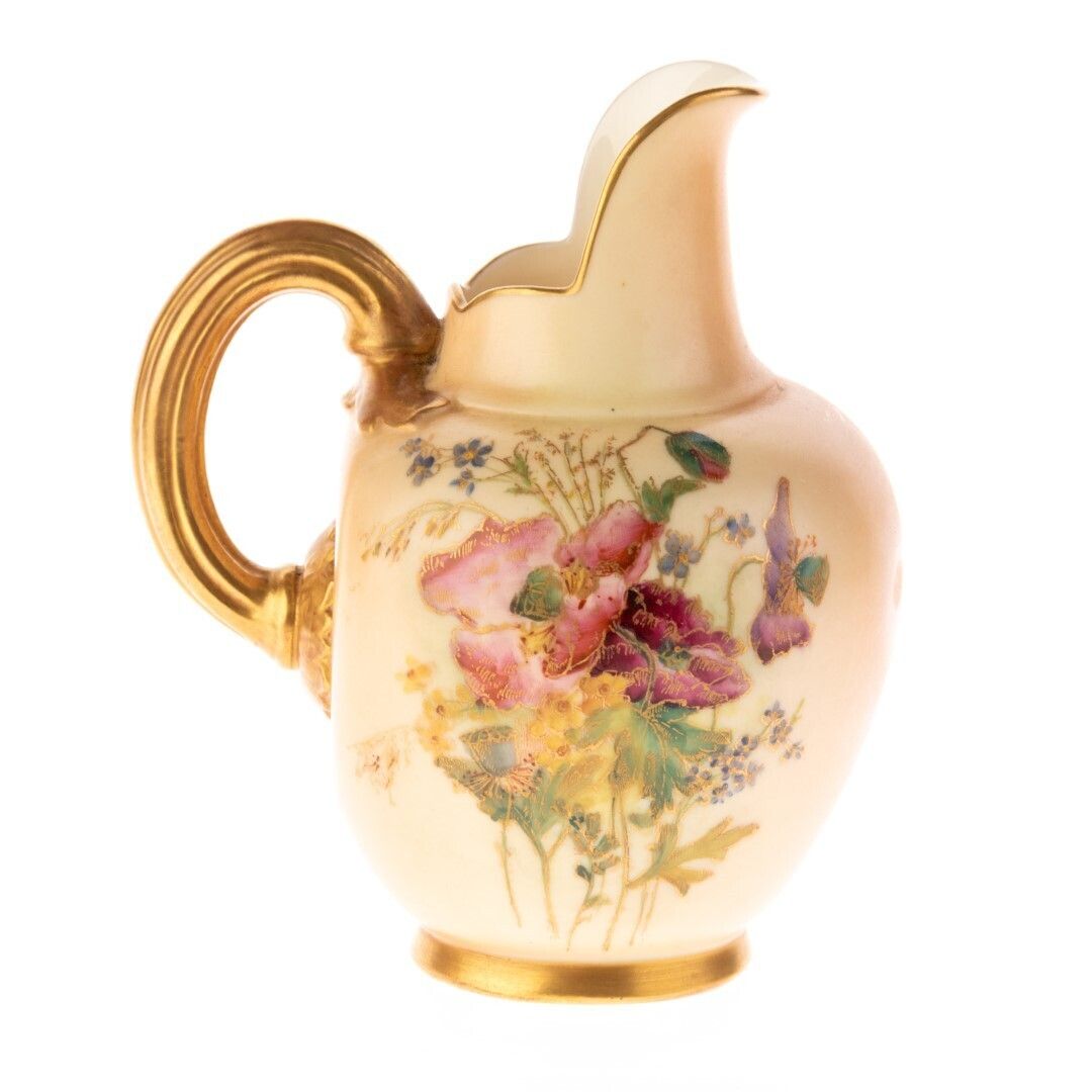 Antique Royal Worcester Hand Painted Blush Porcelain Art Nouveau Floral Flat Back Ewer Jug