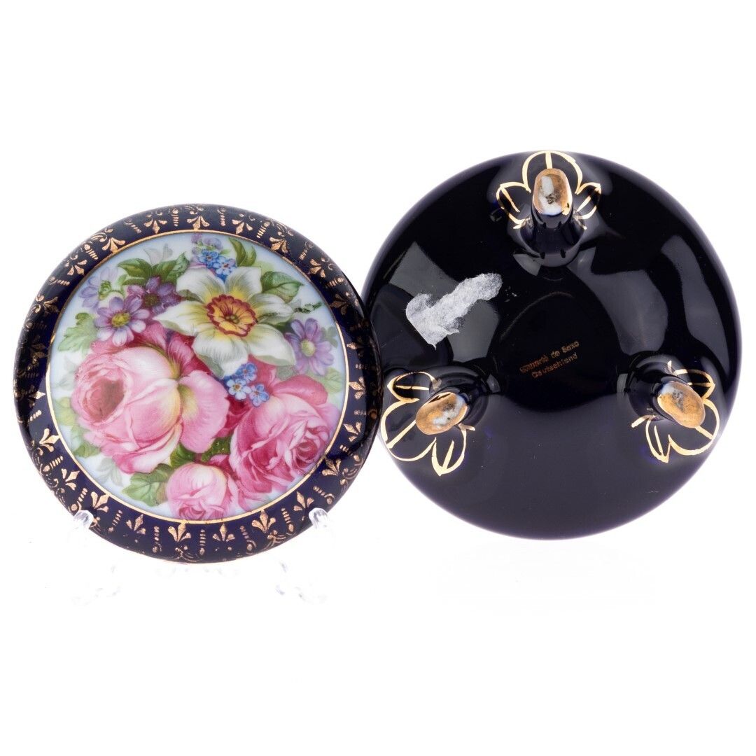 Mid Century German Cobalt Ground Porcelain Floral Lidded Trinket Box With Fleur De Lis Border photo furniture