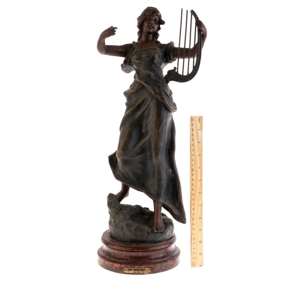 After George Maxim French Bronzed Spelter Sculpture Of Music Playing Harp 19th Century photo for sale