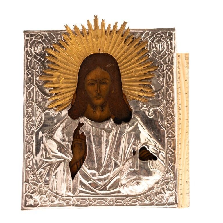 Antique Russian Gilt Metal Orthodox Icon Of Christ Pantocrator 19th Century photo for sale