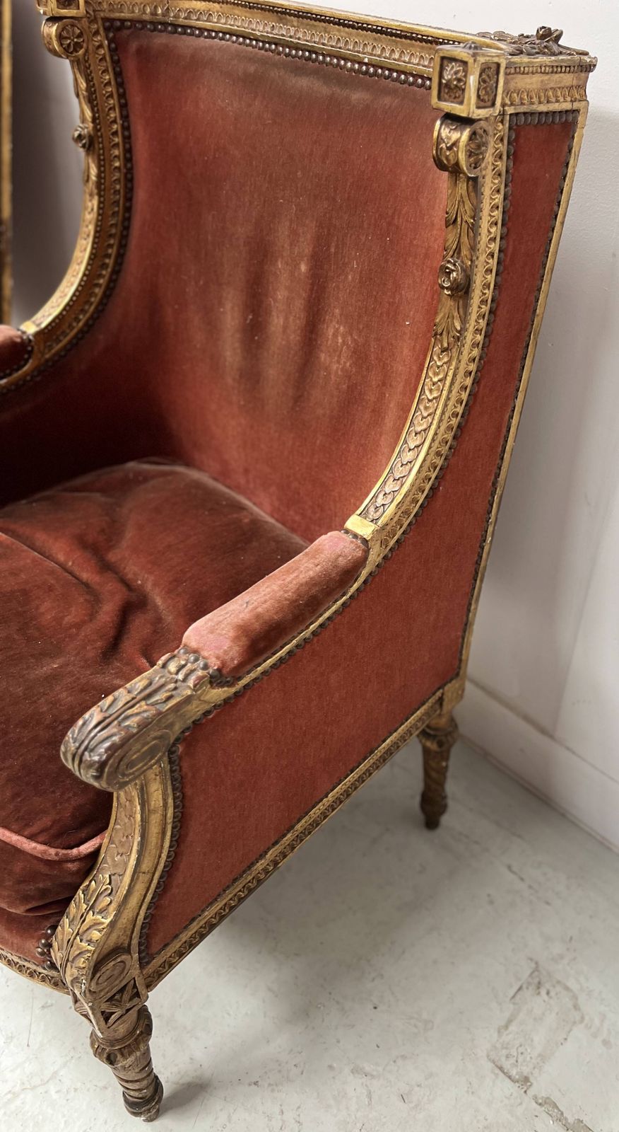 Two Louis XVI Style Wing Chairs In Gilded Wood, 20th Century photo vinterior