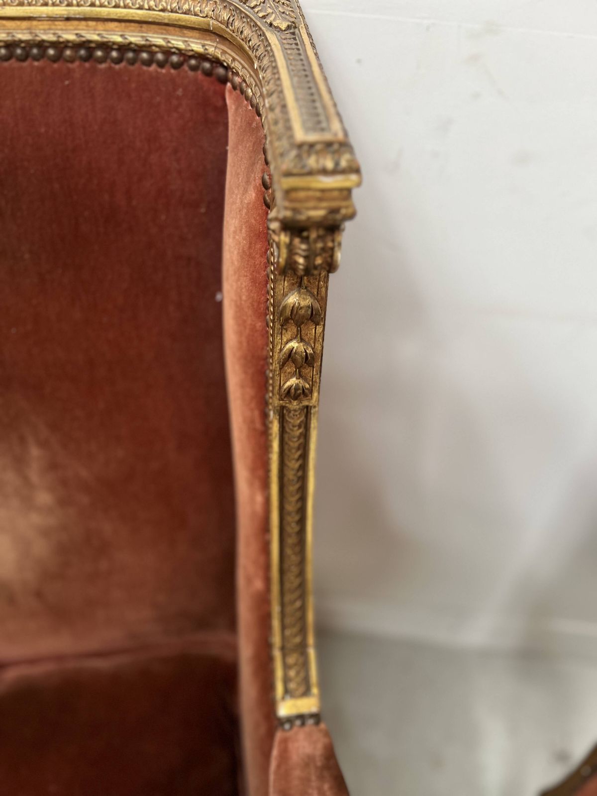 photo for sale Two Louis XVI Style Wing Chairs In Gilded Wood, 20th Century