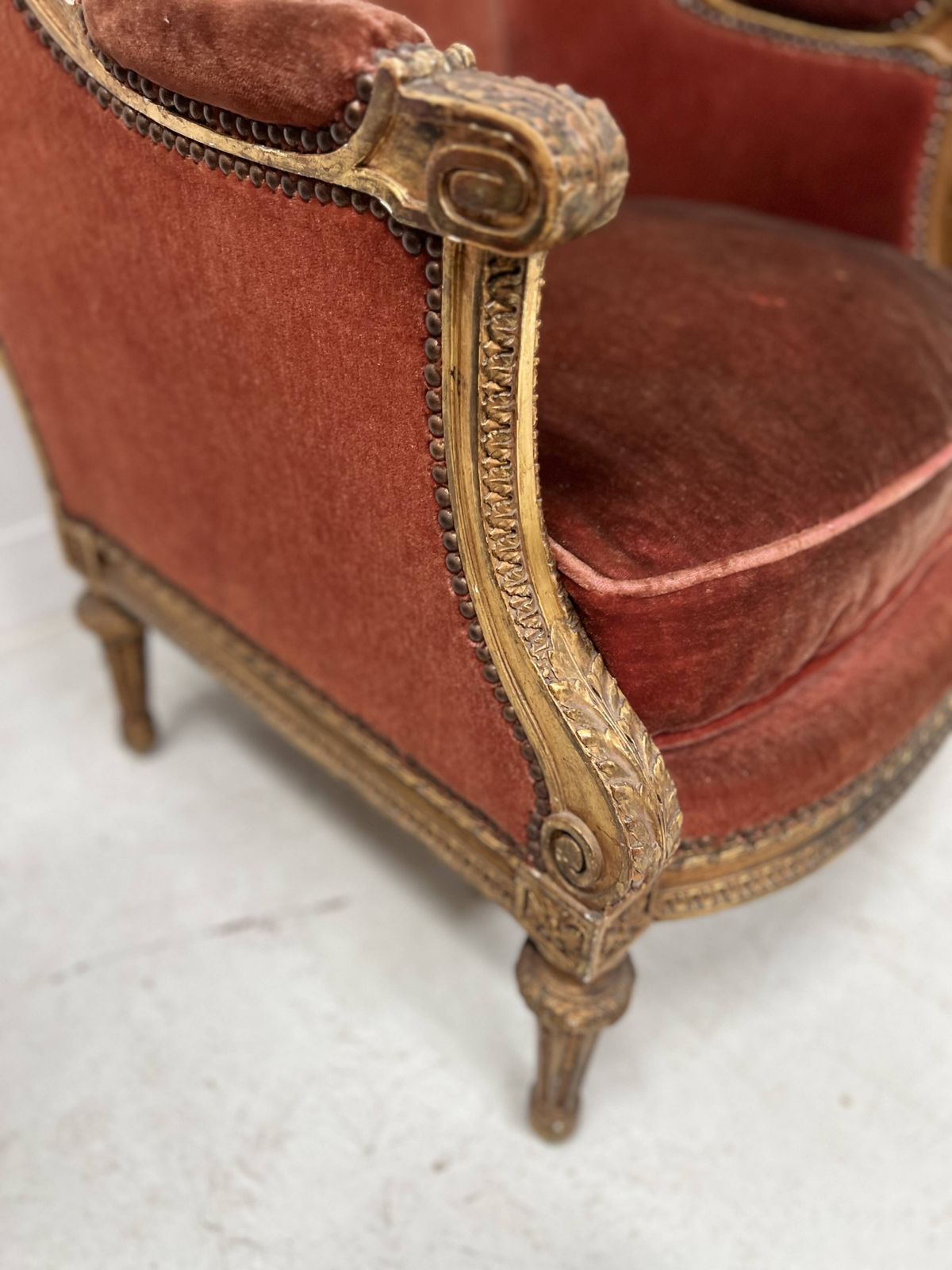 photo buy Two Louis XVI Style Wing Chairs In Gilded Wood, 20th Century