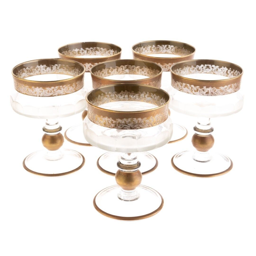 Antique Set Of Six Antique Gilded Baccarat Style Glass Goblets