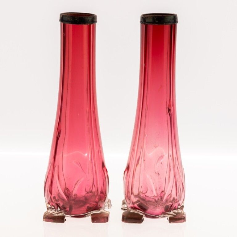 Antique Pair Of Victorian Cranberry Glass Spill Vases 19th Century