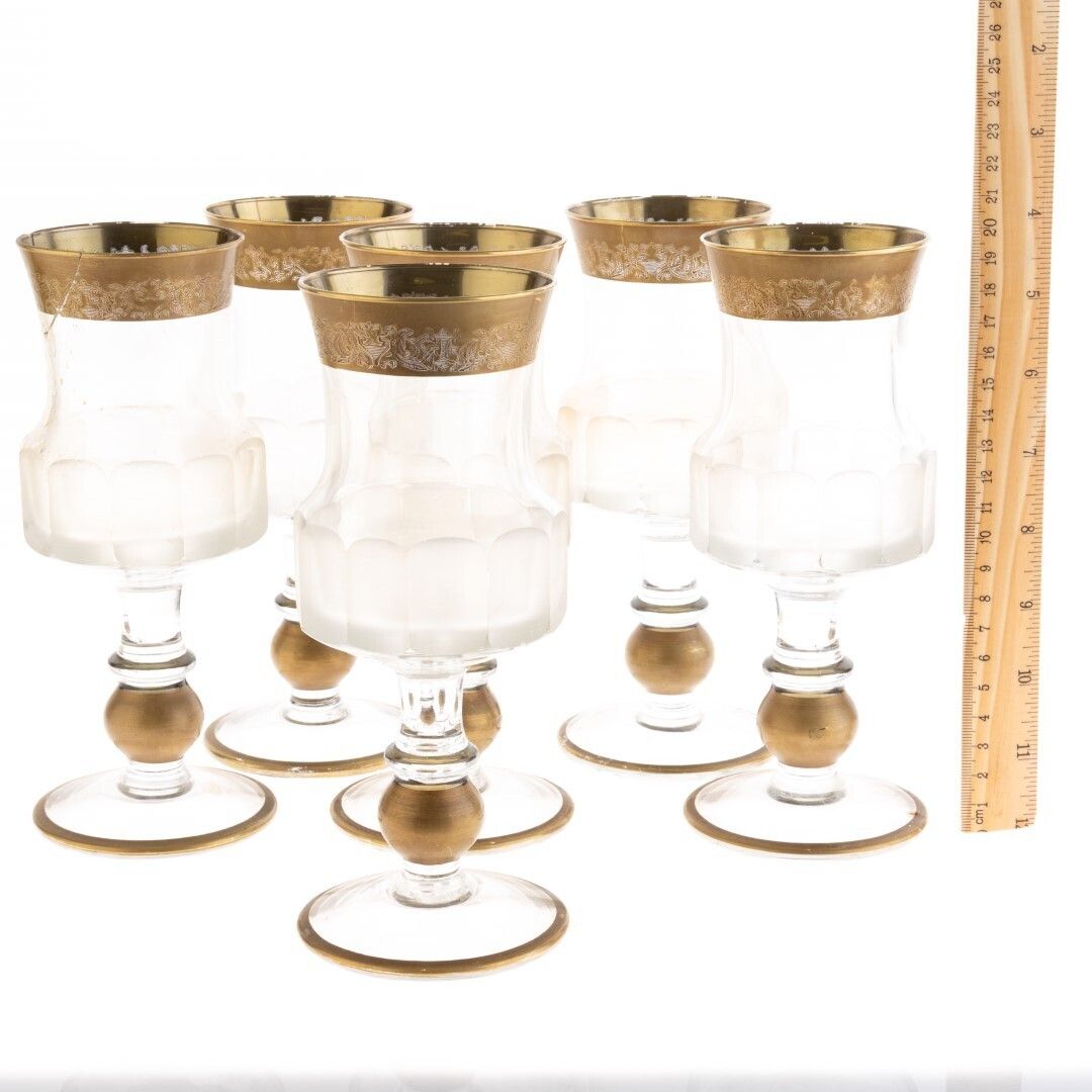 Antique Set Of Six Antique Gilded Baccarat Style Glass Goblets photo for sale