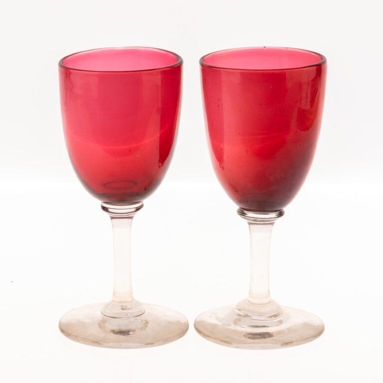 Antique Pair Of Victorian English Cranberry Wine Glasses 19th Century