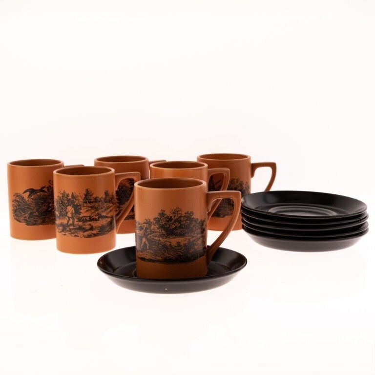 Six Portmeirion Porcelain Ceramic Mugs Depicting Sporting Scenes photo for sale