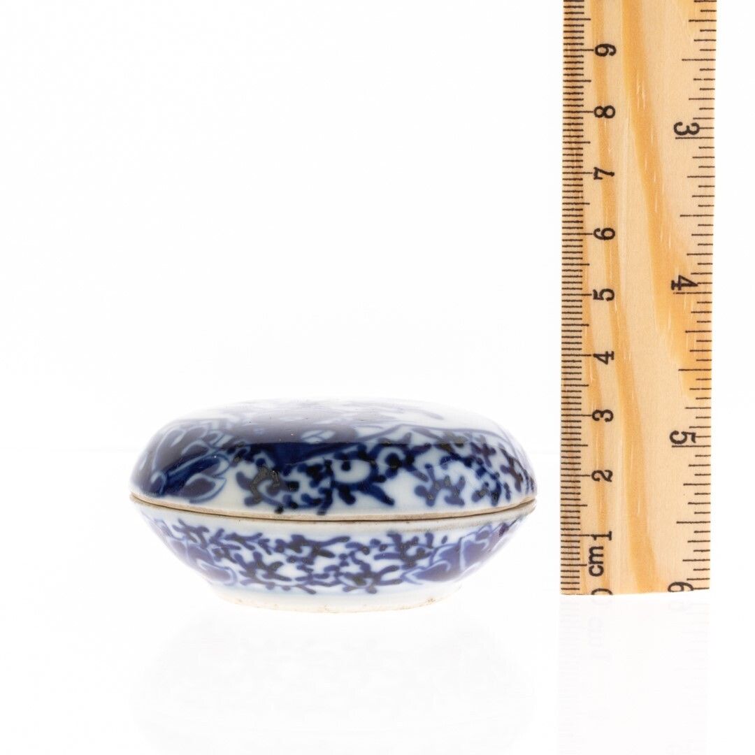 Antique Blue And White Chinese Porcelain Box Depicting A Bird Perched On Blossom Branch photo for sale