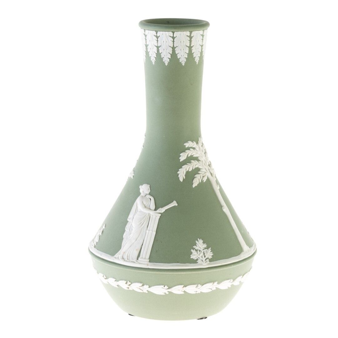 Mid Century Wedgwood Green Jasperware Porcelain Bas Relief Cameo Vase