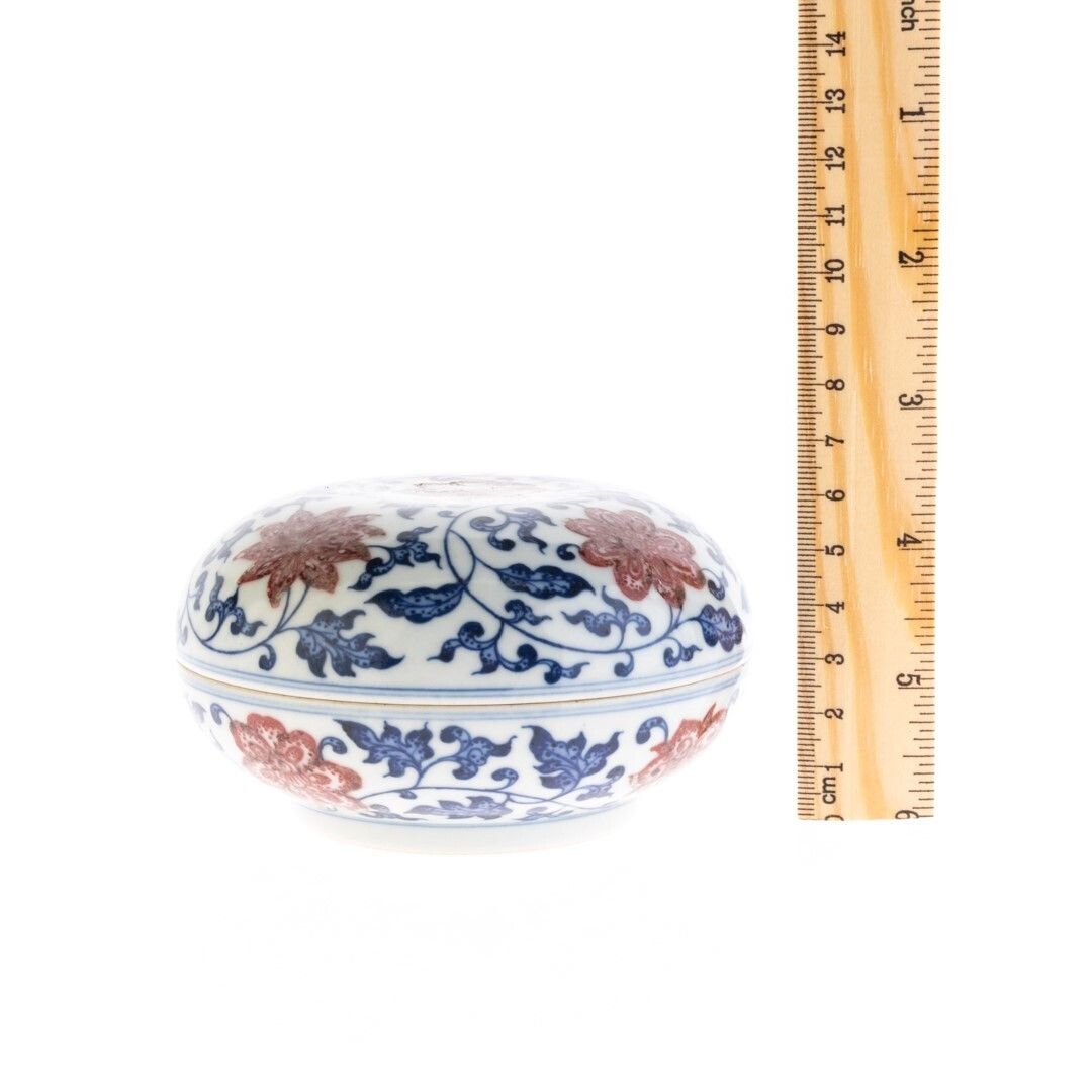 Chinese Underglaze Copper Red & Blue Porcelain Ceramic Lidded Box Hand Painted With Lotus Flowers photo for sale