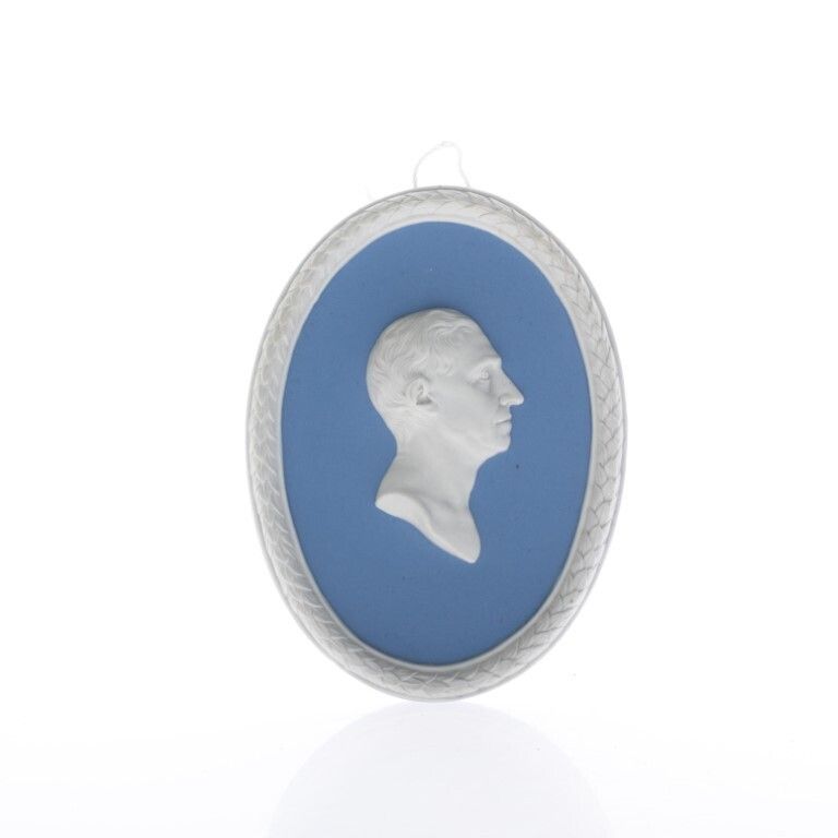 Wedgwood Blue Jasperware Ceramic Porcelain Torbern Bergman Portrait Medallion Laurel Leaf Plaque