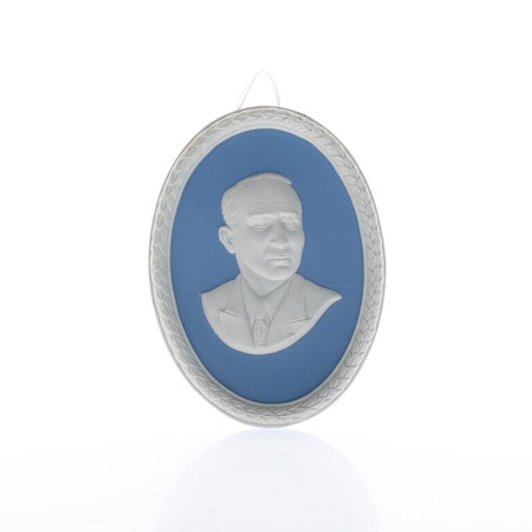 Wedgwood Blue Jasperware Ceramic Porcelain Benno F Strauss Portrait Medallion Laurel Leaf Plaque