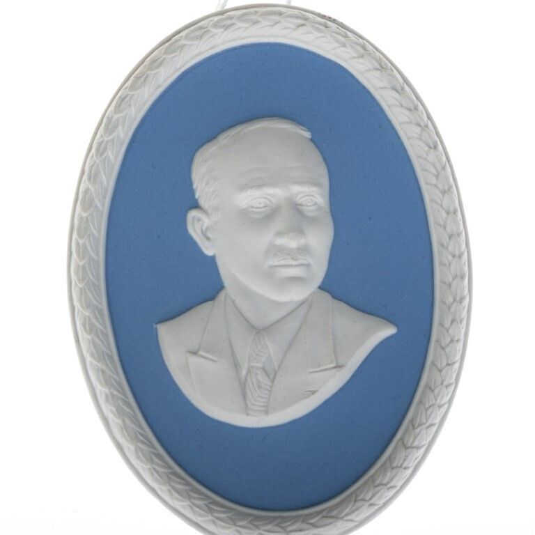 Wedgwood Blue Jasperware Ceramic Porcelain Benno F Strauss Portrait Medallion Laurel Leaf Plaque photo furniture