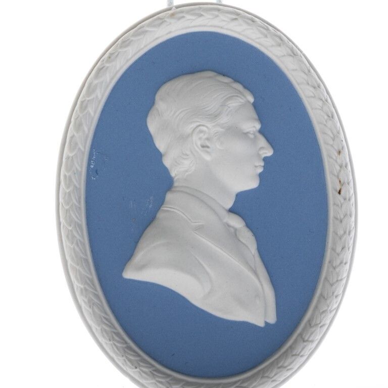 Wedgwood Blue Jasperware Ceramic Porcelain Prince Charles Portrait Medallion Laurel Leaf Plaque photo furniture