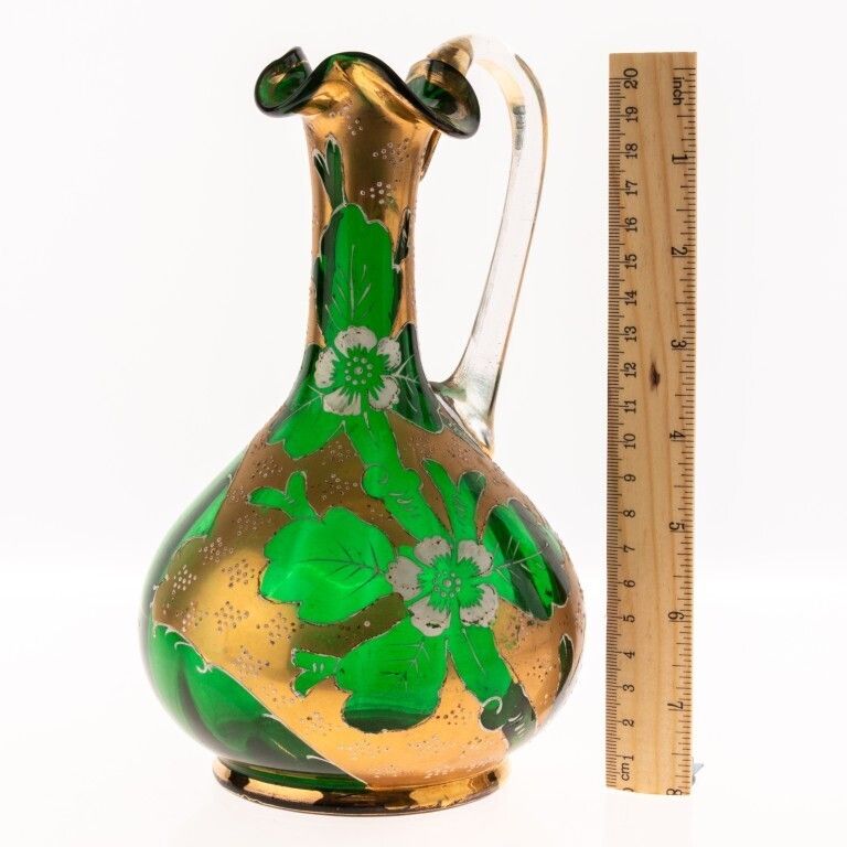 Antique Bohemian Moser Hand Enameled Green Satin Glass Pitcher Ca. 1880 photo for sale