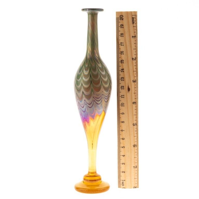 Loetz Style Signed Keith Bowlby Iridescent Hand Blown Studio Glass Vase photo for sale