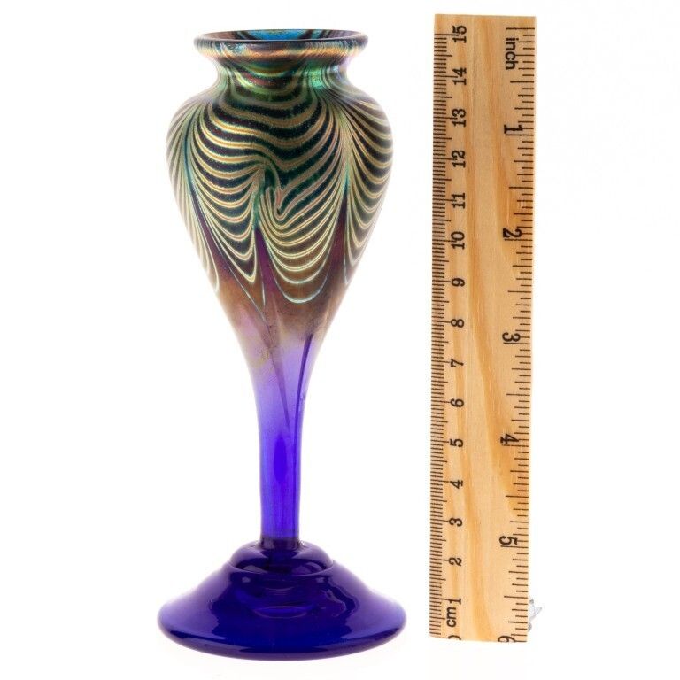 Loetz Style Signed Keith Bowlby Iridescent Hand Blown Studio Glass Vase photo for sale