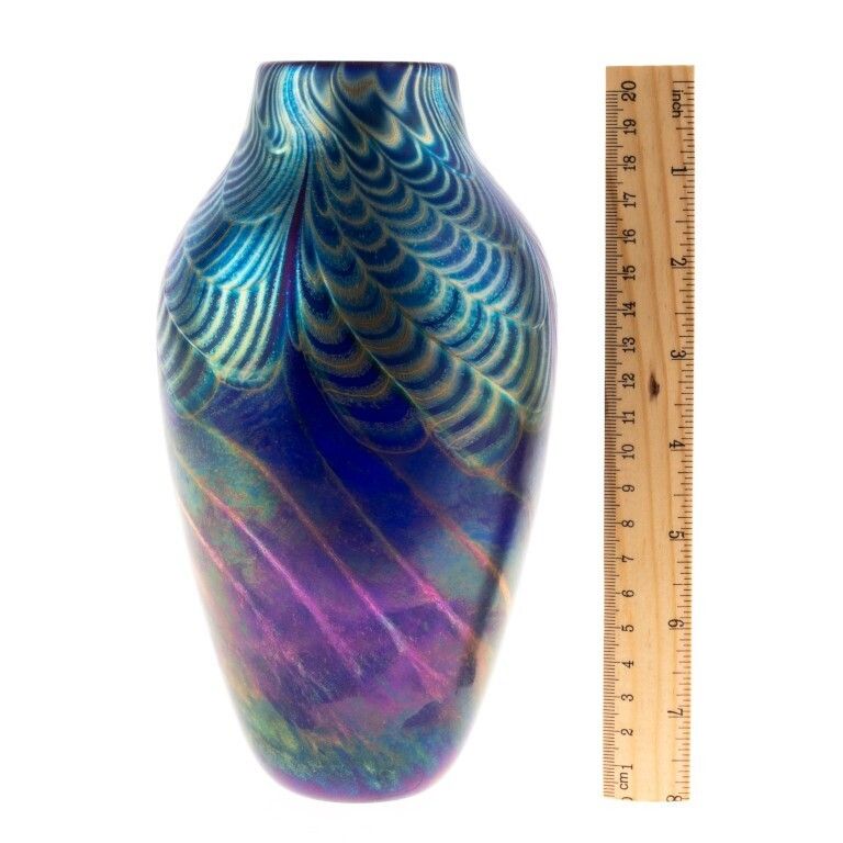 Loetz Style Signed Keith Bowlby Iridescent Hand Blown Studio Glass Vase photo for sale