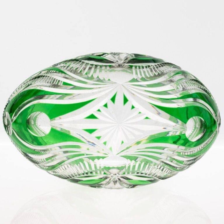Mid Century Czech Bohemian Emerald Green Cut Crystal Glass Centrepiece Bowl photo furniture