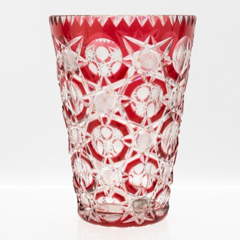 Mid Century Czech Bohemian Cranberry Red Cut Crystal Glass Vase