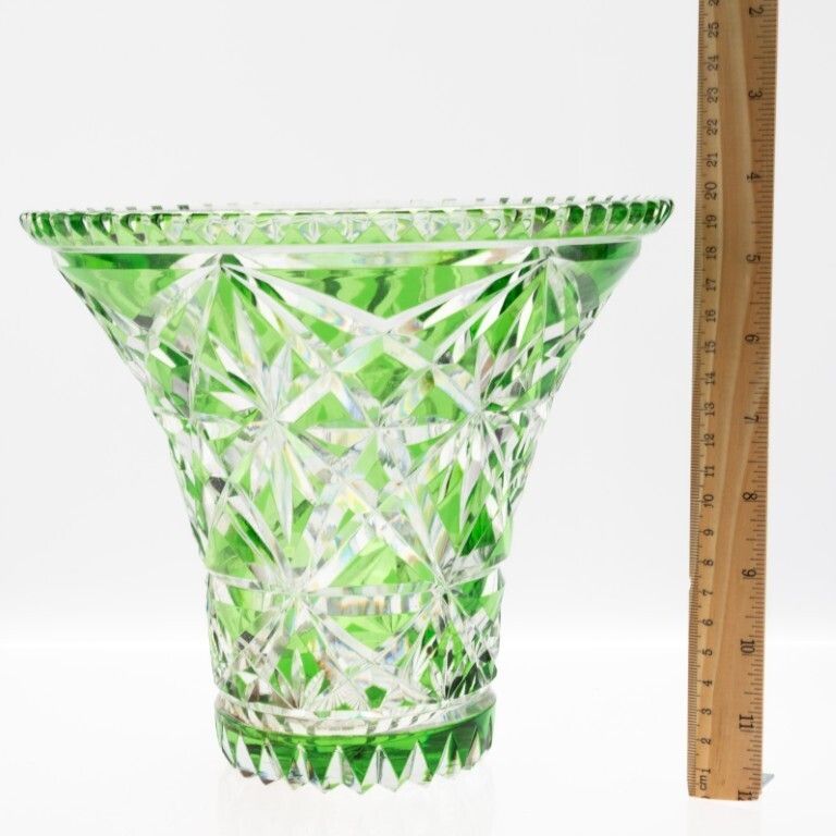 Mid Century Czech Bohemian Emerald Green Cut Crystal Glass Vase photo Home Decor