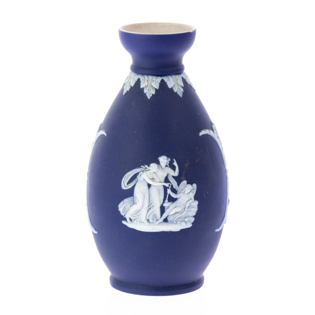 Antique Wedgwood Blue Jasperware Bas Relief Bud Vase With Neoclassical Cameo
