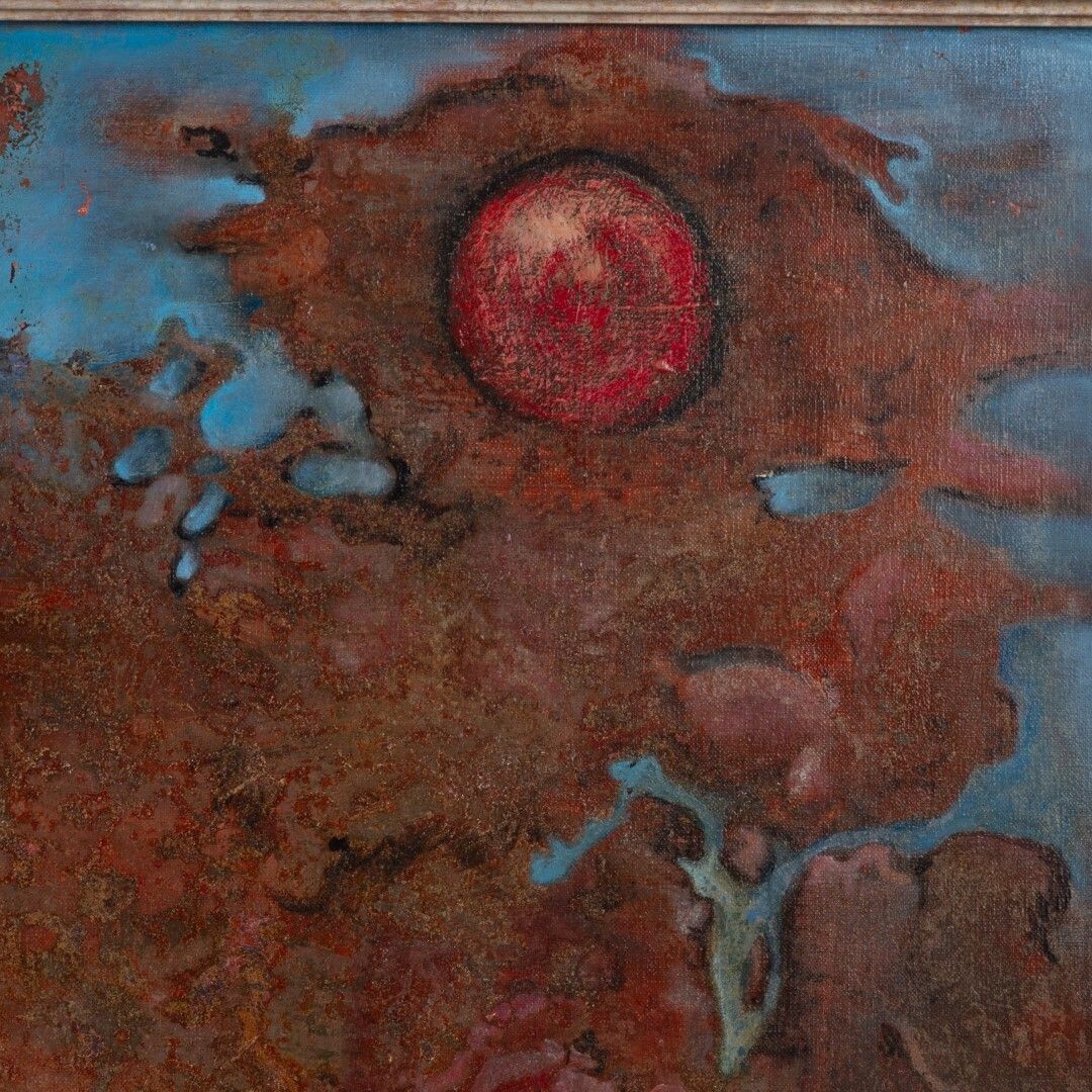 Belgian Large Mid 20th Century Abstract School Oil On Canvas Painting Signed photo furniture