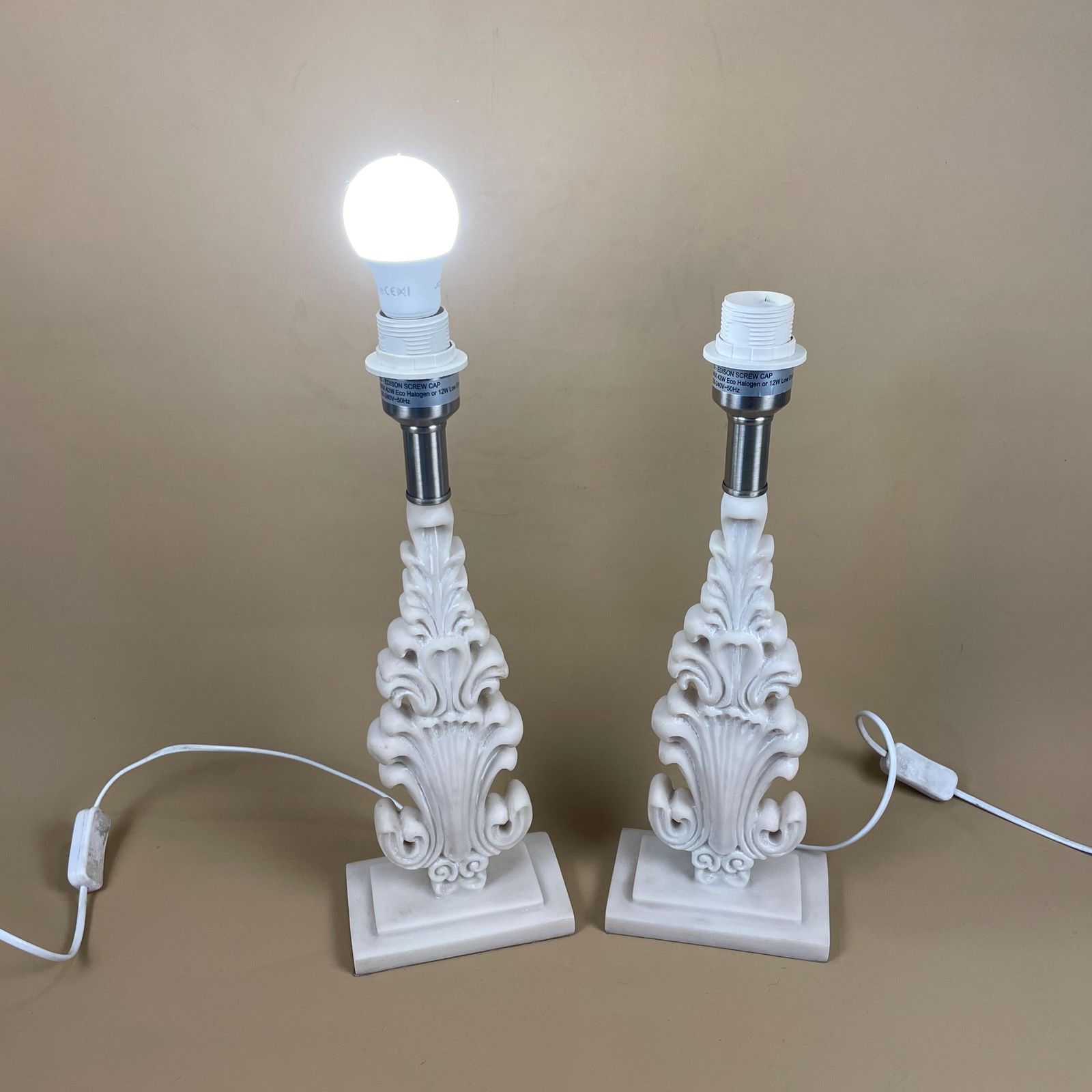 Pair Of Faux Marble Lamps Bedside Table Side Lights Ornate Style Modern Cream Repro photo vintage