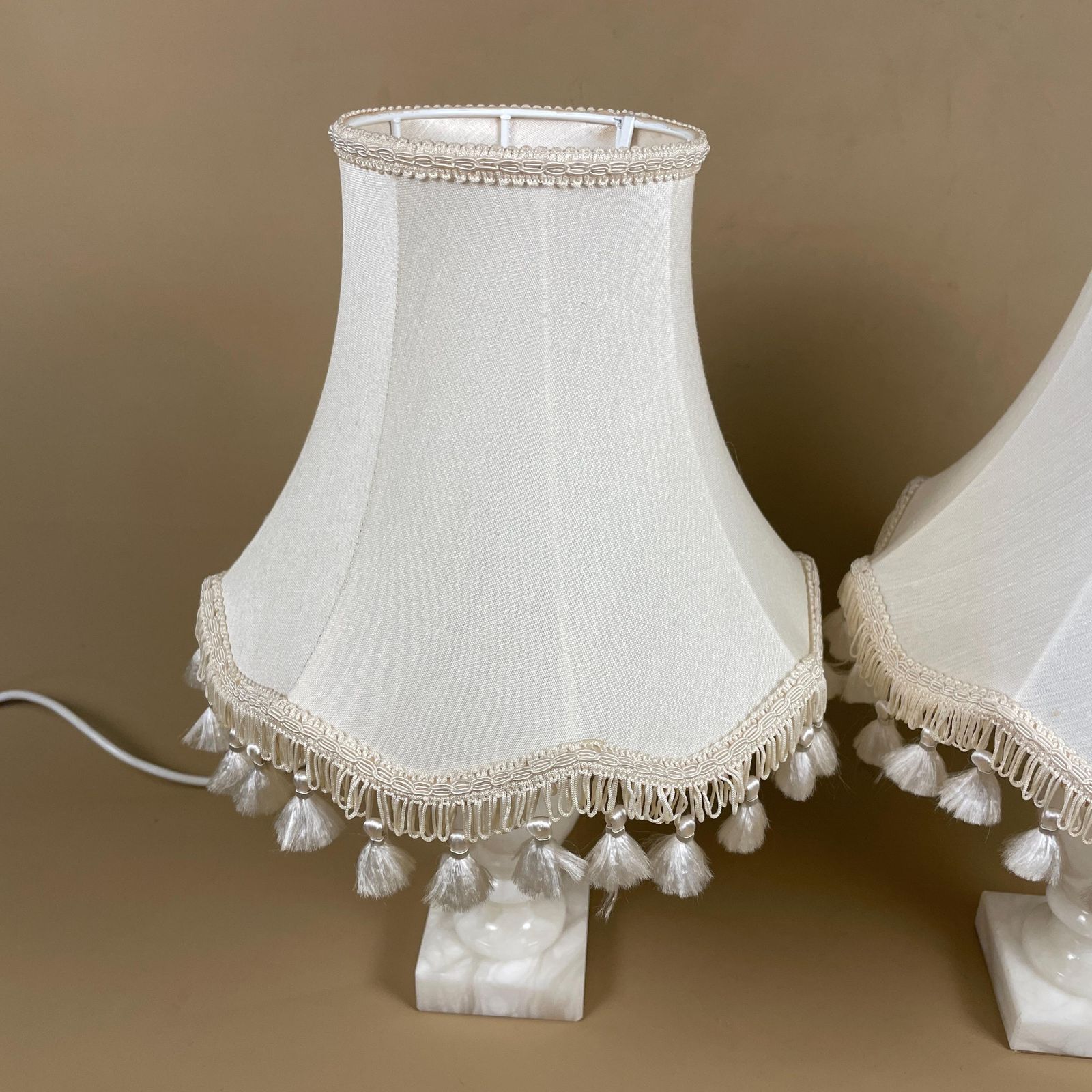 Pair Of White Onyx Marble Lamps Bedside Table Side Lights Beige Cream Tasselled Flower Bell Shades photo for sale