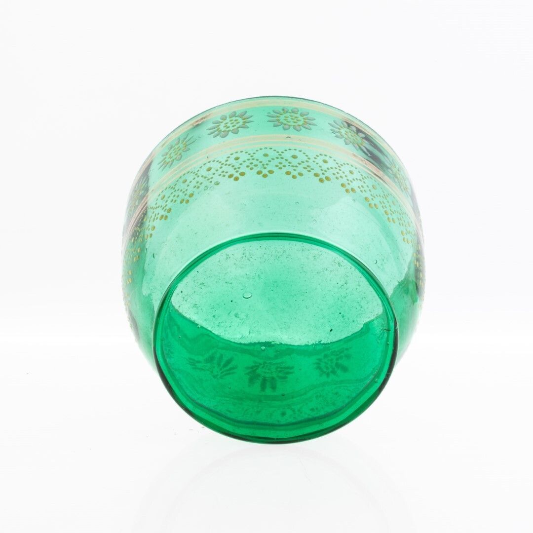 Antique Victorian Bohemian Gilt And Hand Enameled Emerald Green Glass Bowl 19th Century photo furniture