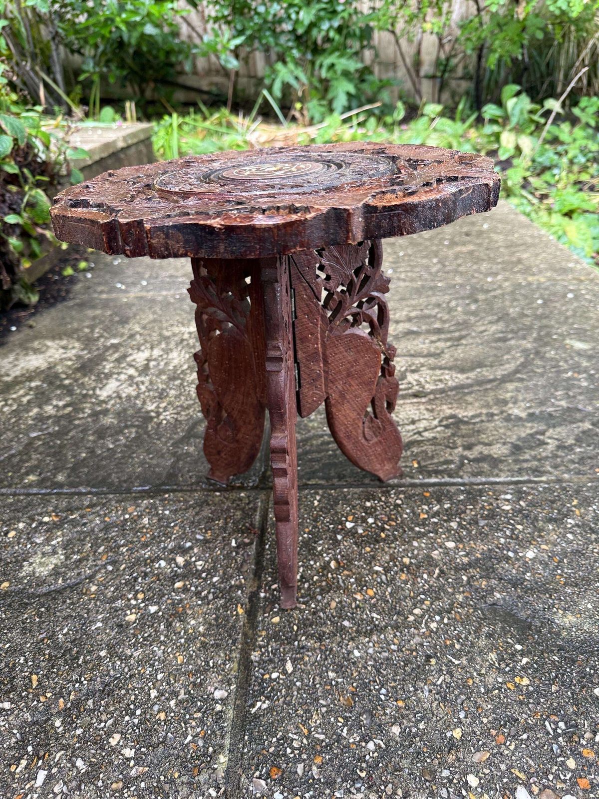 Delightful Vintage Carved Wooden Table With Bohemian Chic Style, Small Table Or Plant Stand, Vintage Accent For A Room photo Furniture