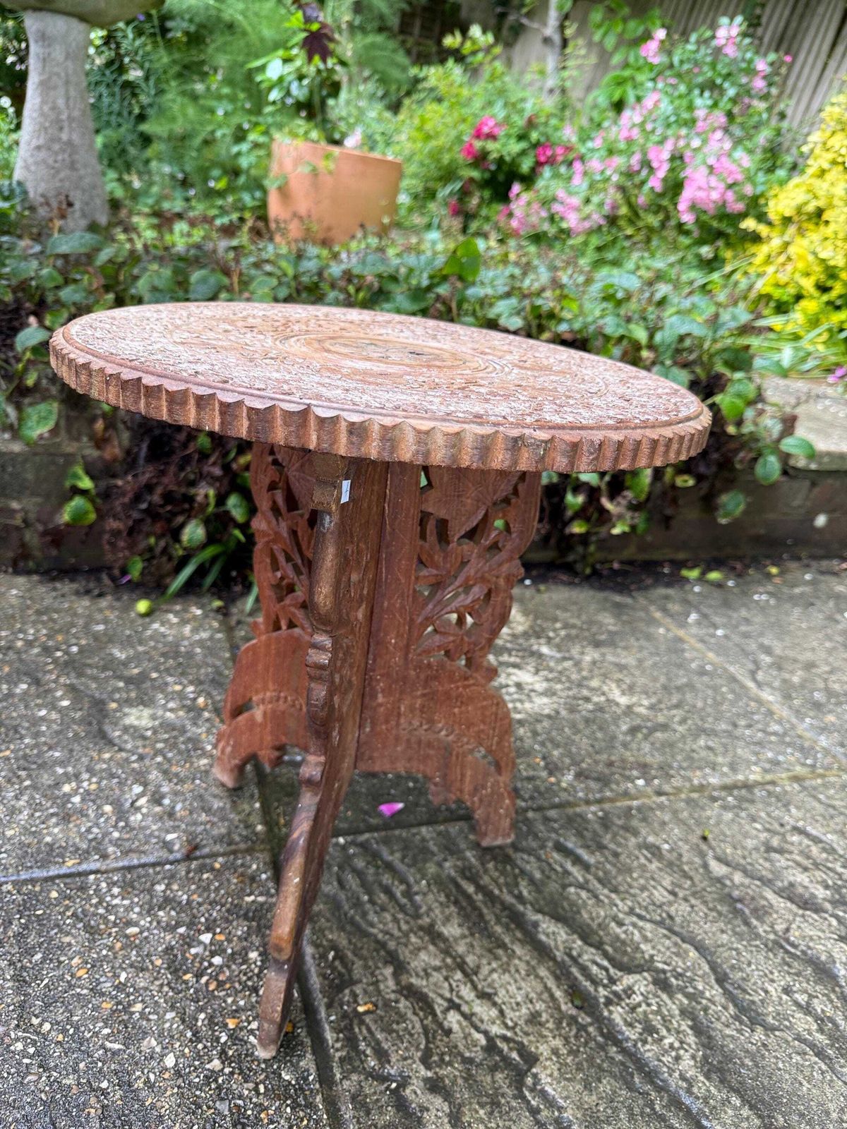 Delightful Vintage Carved Table, Wooden Vintage Table Or Plant Stand, Space Saving Display Table/Stand   Attractive Carved Wooden Table photo for sale