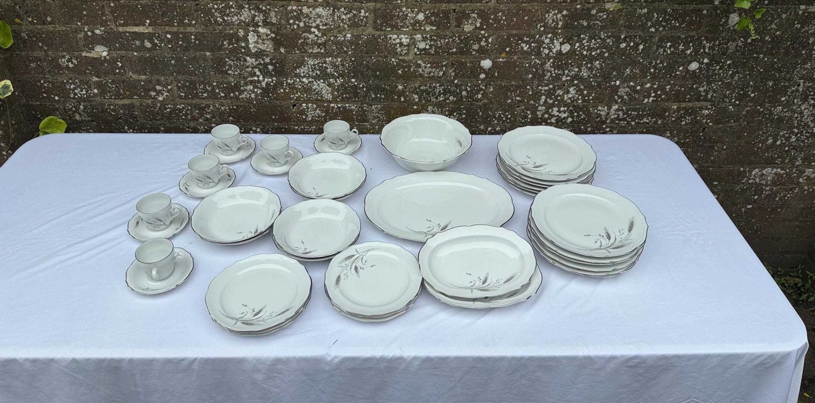 Vintage Winterling Bavarian Porcelain Dinner Service, Silver & Grey Botanical, West German China Service   40 Pieces, 6 Place + Setting Plus