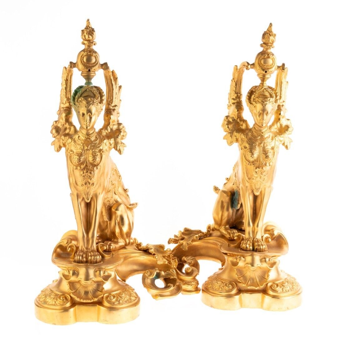 Antique Pair Of French Empire Gilt Metal Sphinxes Firedog Chenets 19th Century