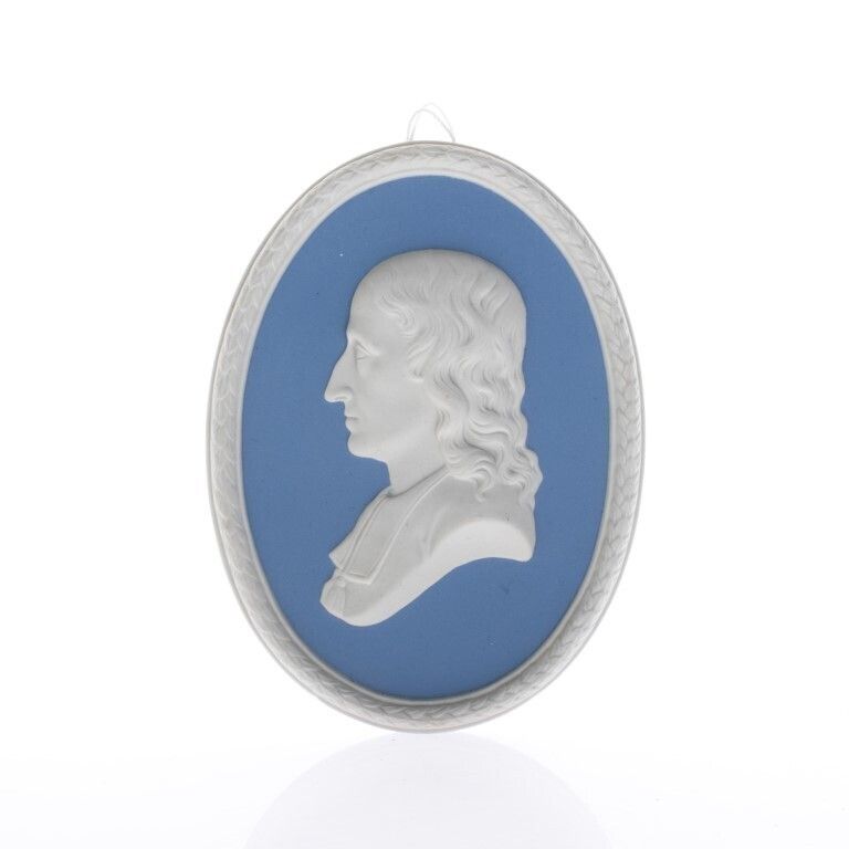 Wedgwood Blue Jasperware Ceramic Porcelain Portrait Medallion Laurel Leaf Plaque