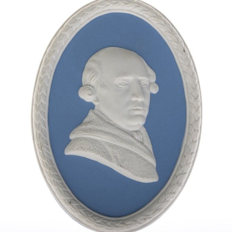 Wedgwood Blue Jasperware Ceramic Porcelain George Stubbs Portrait Medallion Laurel Leaf Plaque photo furniture