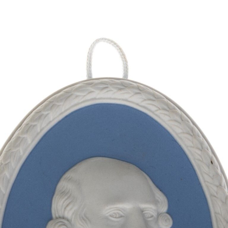 Wedgwood Blue Jasperware Ceramic Porcelain George Stubbs Portrait Medallion Laurel Leaf Plaque photo for sale