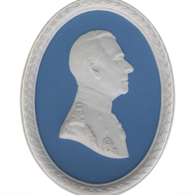 Wedgwood Blue Jasperware Ceramic Porcelain Earl Mountbatten Of Burma Portrait Medallion Laurel Leaf Plaque photo furniture
