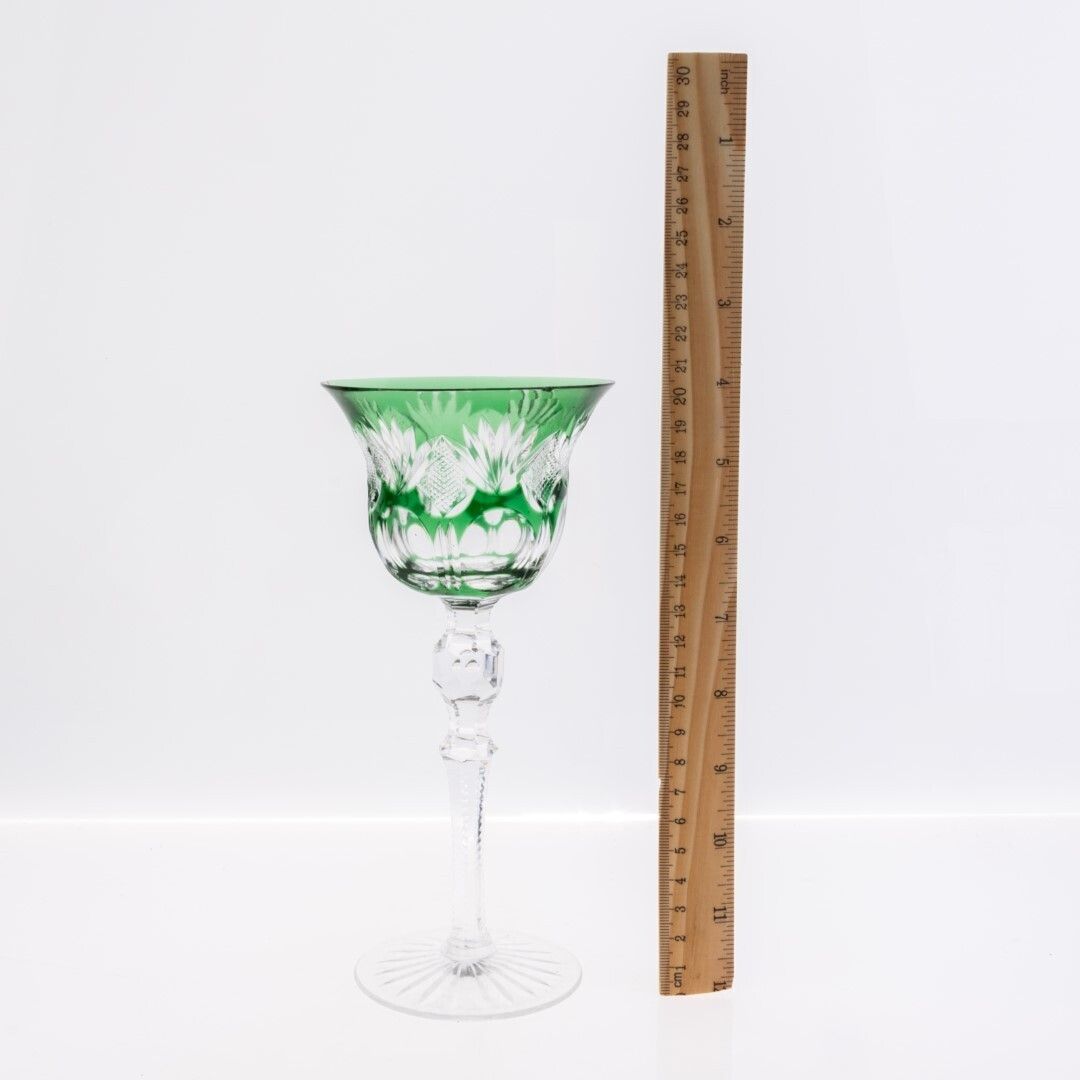 Mid Century Fine Hand Cut Emerald Green Crystal Continental Hock Wine Glass photo furniture