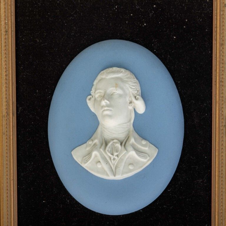 Wedgwood Blue Jasperware Ceramic Porcelain Framed Portrait Medallion Wall Plaque photo for sale