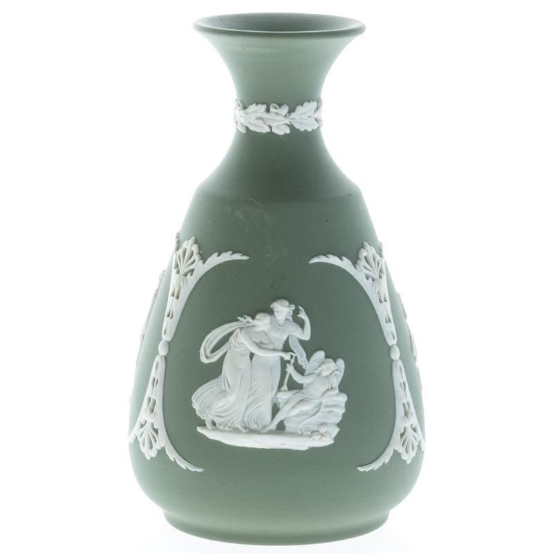 Wedgwood Green Jasperware Ceramic Classical Bas Relief Spill Vase Depicting Cupid Asleep