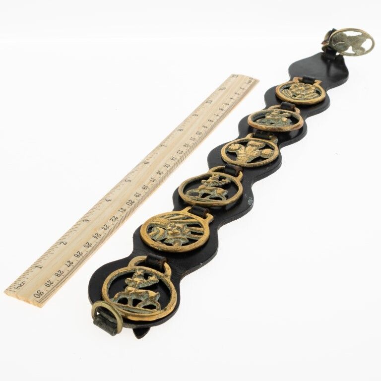 Antique Horse Brass Medallions On Leather Strap photo for sale