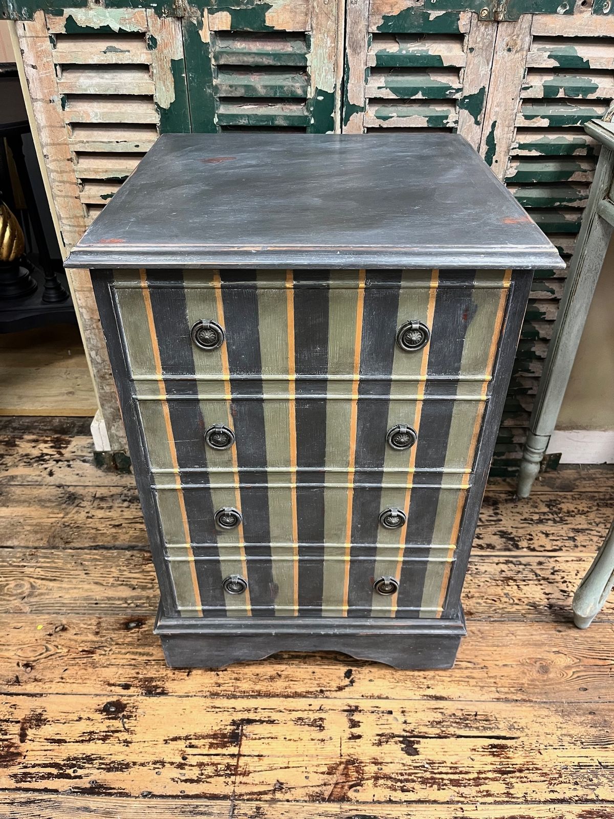 Hand Painted And Aged Graphite, Olive And Gold Striped Bedside Cabinet photo furniture